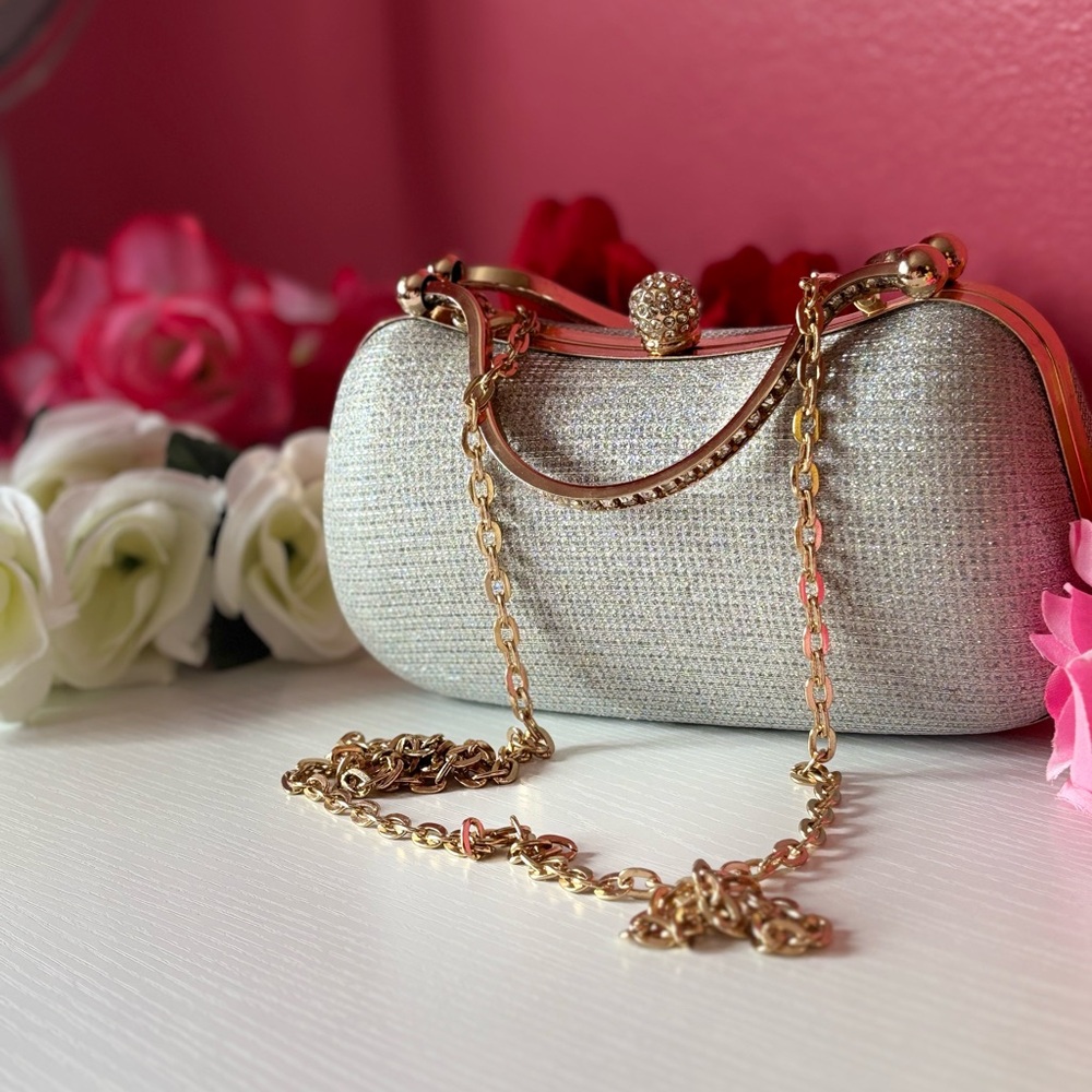 Elegant Silver Evening Clutch with Gold Chain - Picture 5 of 5